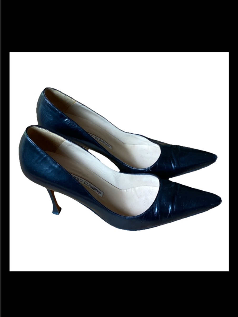 Monolo Blahnik Pointed Toe Platinum Leather Spool Heel Black Pumps